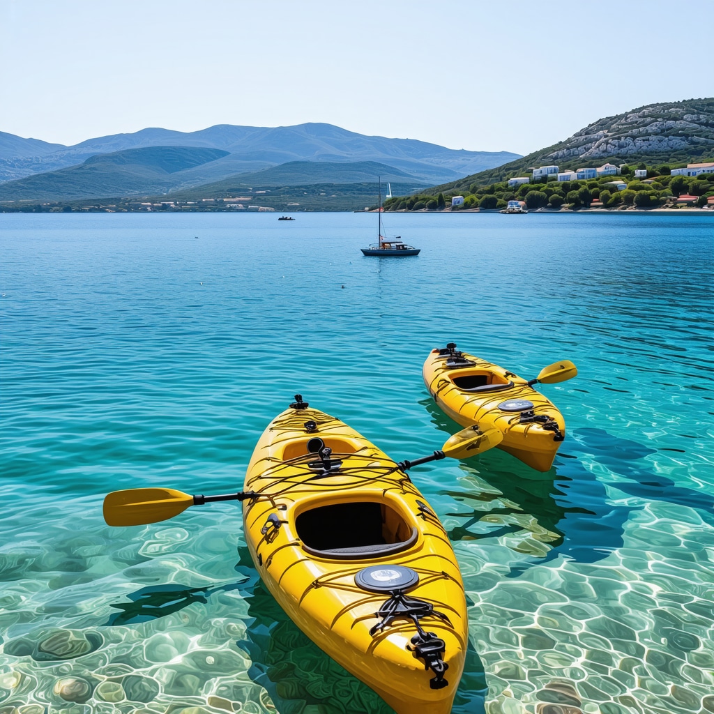 Electric boats and kayakers on Adriatic sea near Biokovo mountains in Makarska showcasing sustainable adventure tourism