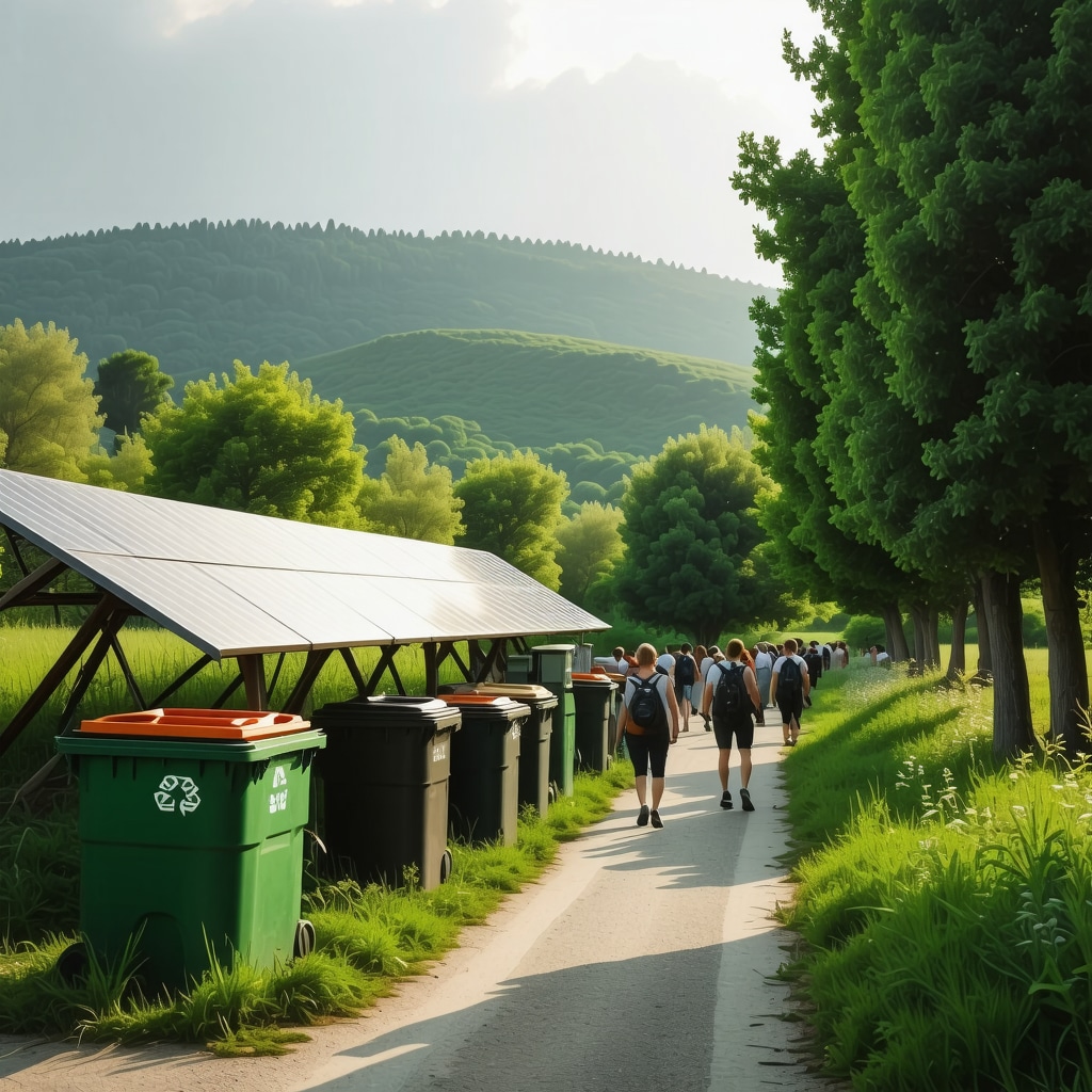 Pilgrims walking in green surroundings with recycling and solar panels at Medjugorje