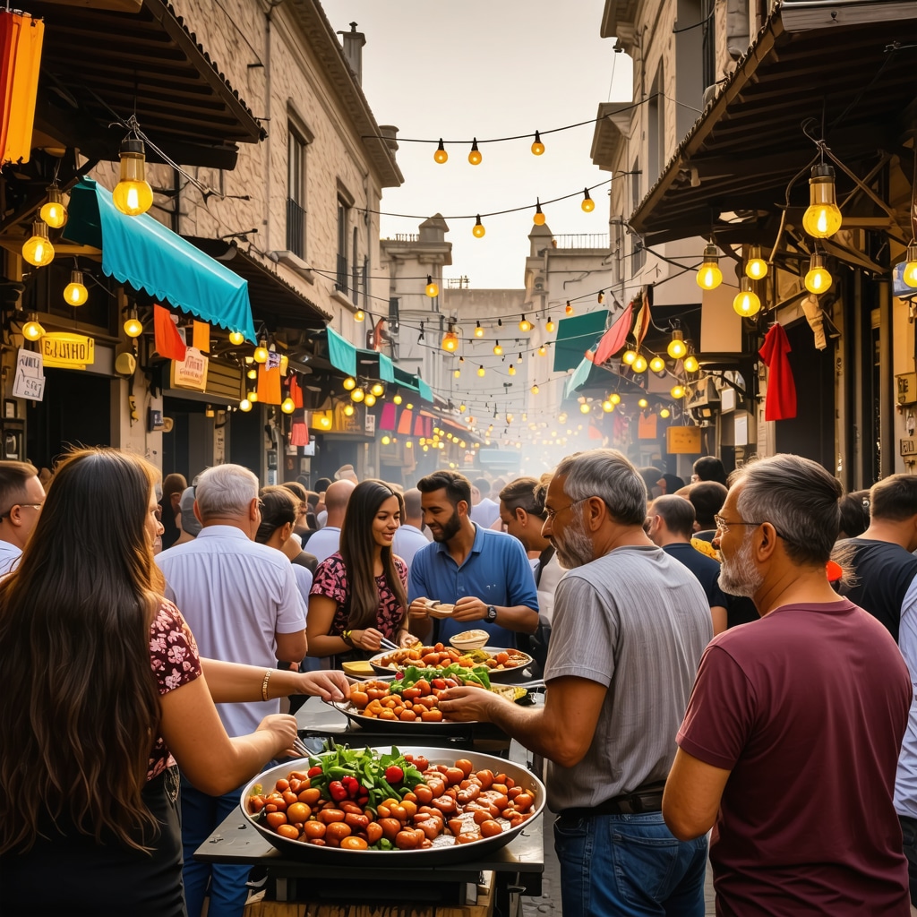 Crowded Edirne street food festival featuring traditional Turkish cuisine and historic Ottoman buildings at sunset