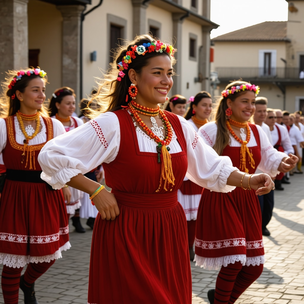Community festival in Berane with diverse ethnic groups in traditional costumes performing music and dance