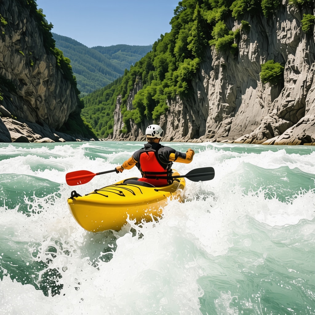 Kayaker expertly maneuvering through whitewater rapids in Rugova Gorge with dramatic cliffs and green forest surroundings