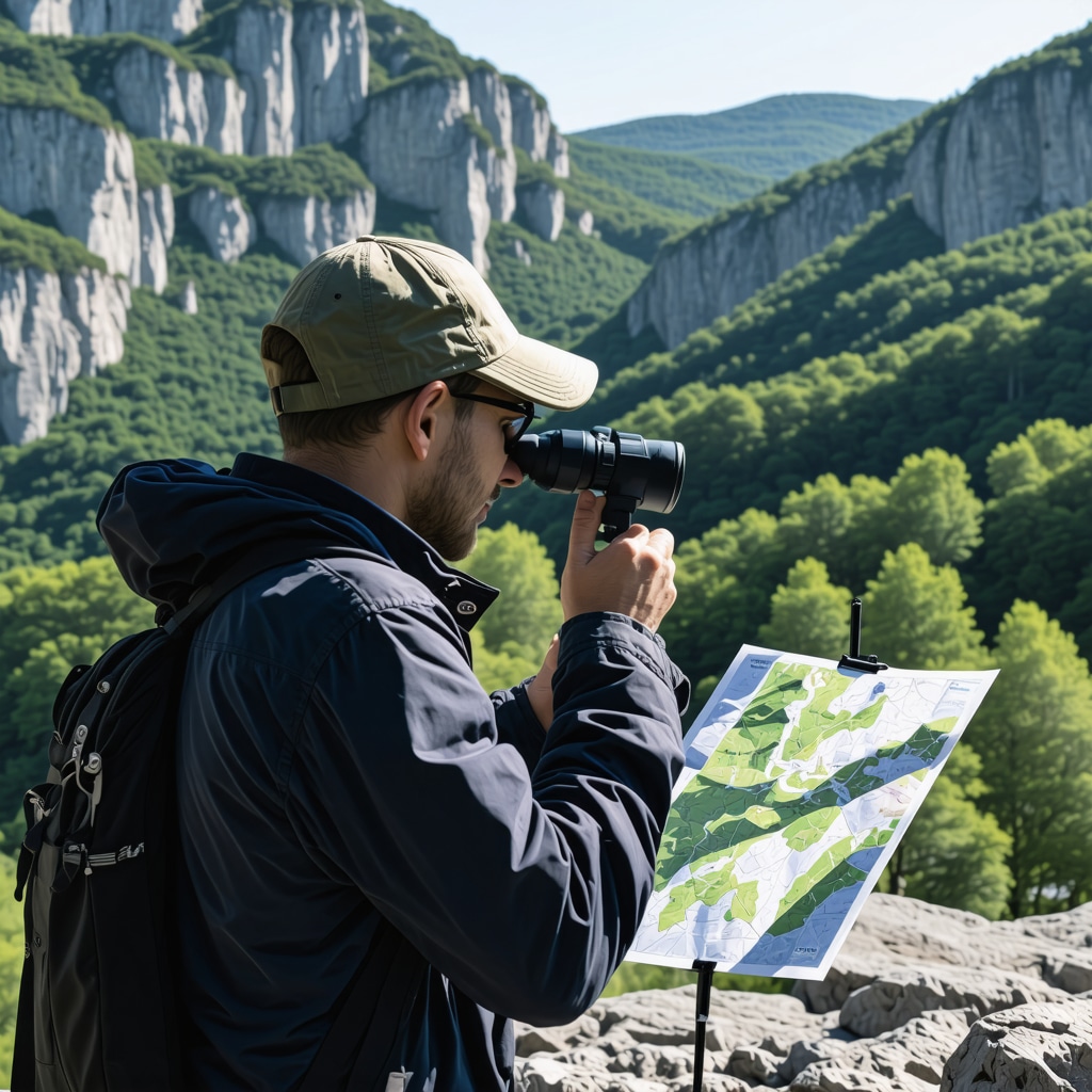 Explorer with GIS equipment and digital binoculars in Trebinje's natural environment