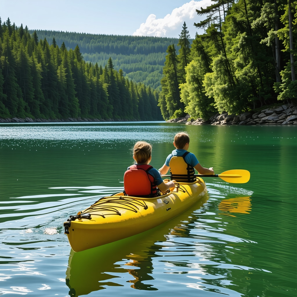 Family kayaking on calm waters of Srebrno jezero with green forest background
