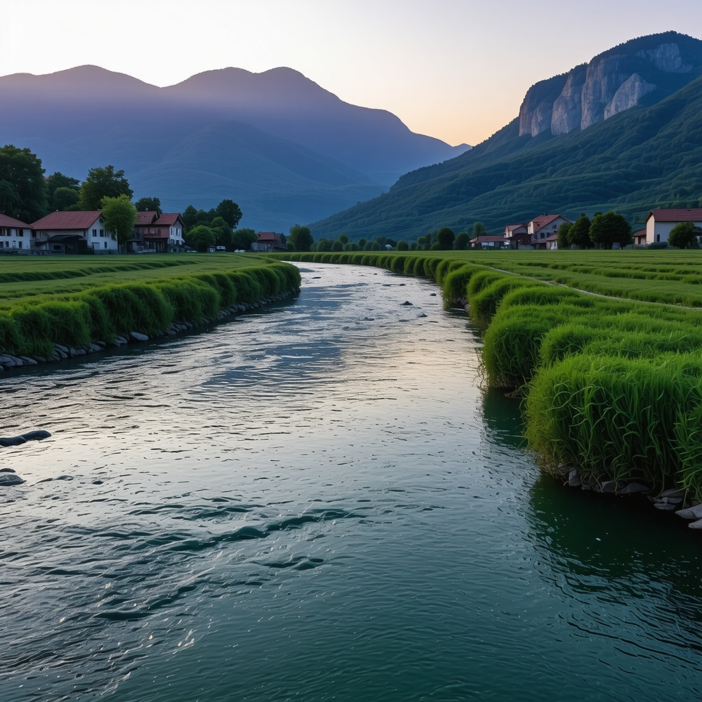 Scenic view of Foča town with Drina river and surrounding mountains during sunset