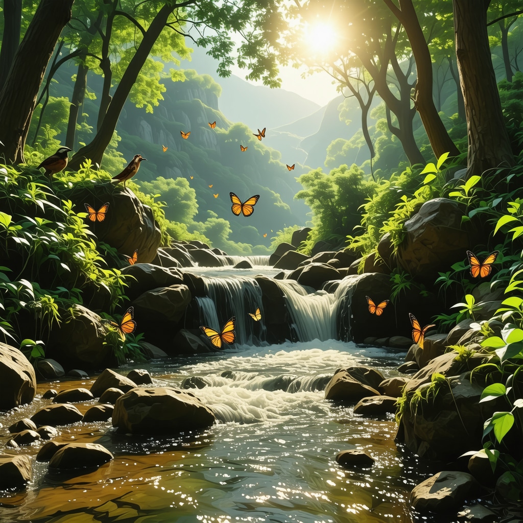 A peaceful forest clearing featuring a waterfall, butterflies, and birds in Trebinje's natural landscape
