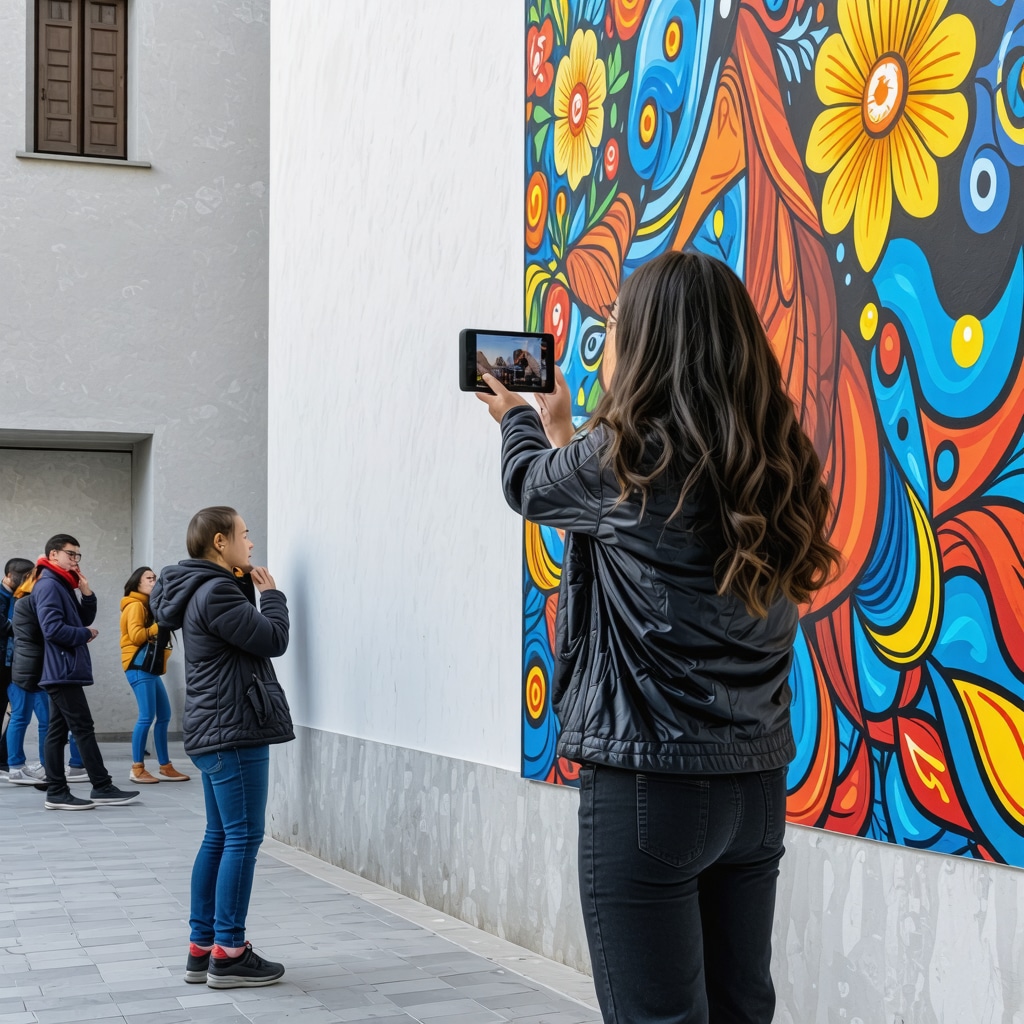 Colorful Tirana mural combining Albanian traditional patterns with AR technology, reflecting community participation