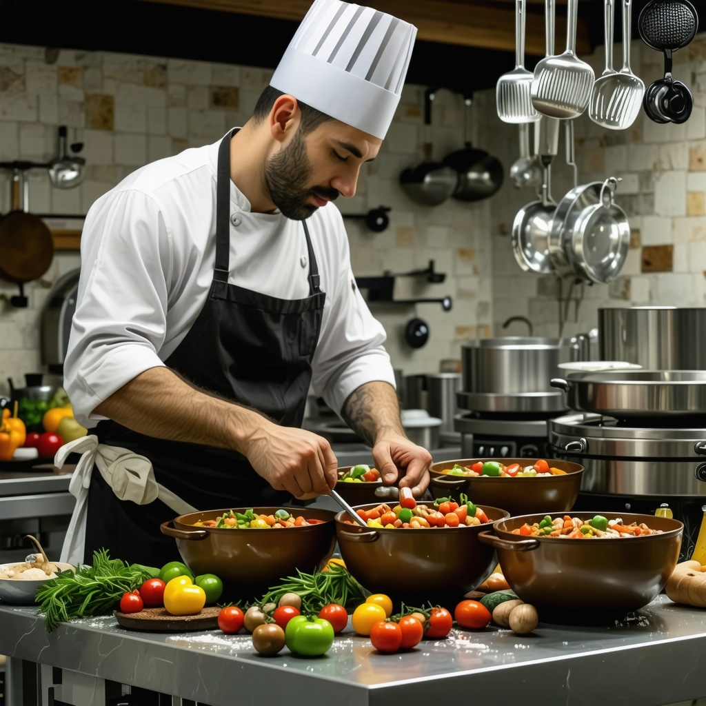 Chef in Mostar kitchen preparing Bosnian dishes with traditional clay pots and sous-vide equipment