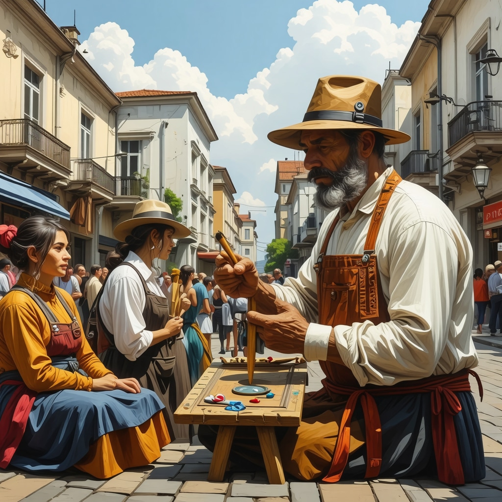 Digital artwork showing Plovdiv artisans using augmented reality to showcase traditional crafts in a modern urban setting