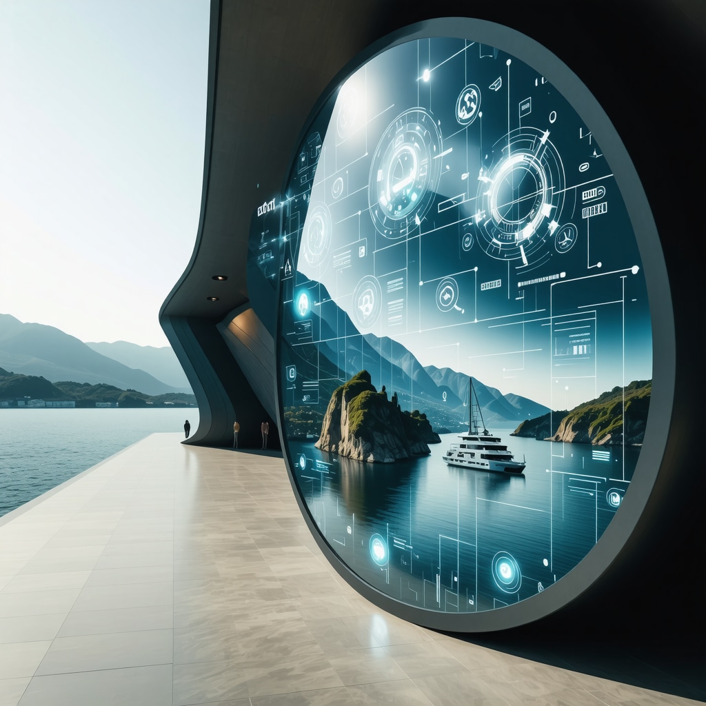 Digitalized coastal tourism center in Tivat featuring AI data visualization, eco-marina, blockchain symbols, and augmented reality cultural experiences.