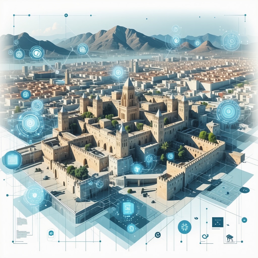 Digital analytics and blockchain technology overlay on Arad city skyline illustrating smart tourism infrastructure