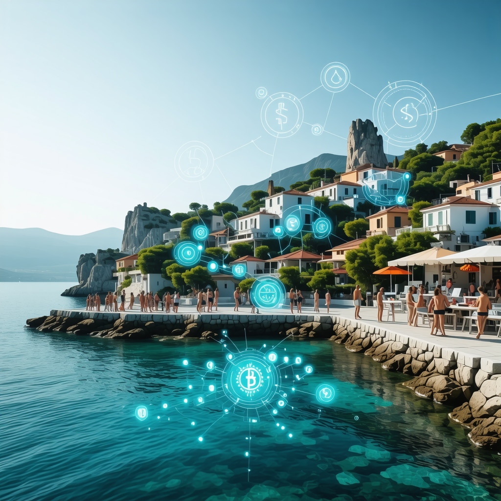 Illustration of Petrovac's coastline with IoT sensors, blockchain icons, tourists using smart devices for marine sports, and community activities