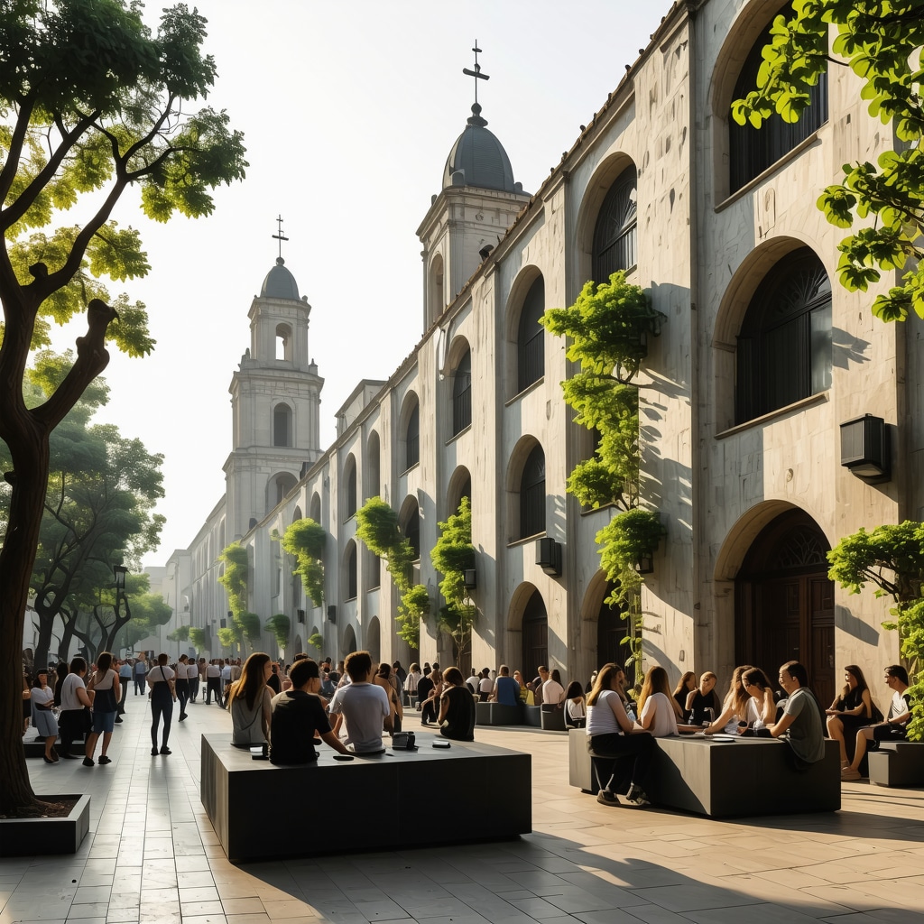 Futuristic Plovdiv cityscape blending historical buildings with smart green technology and community workshops