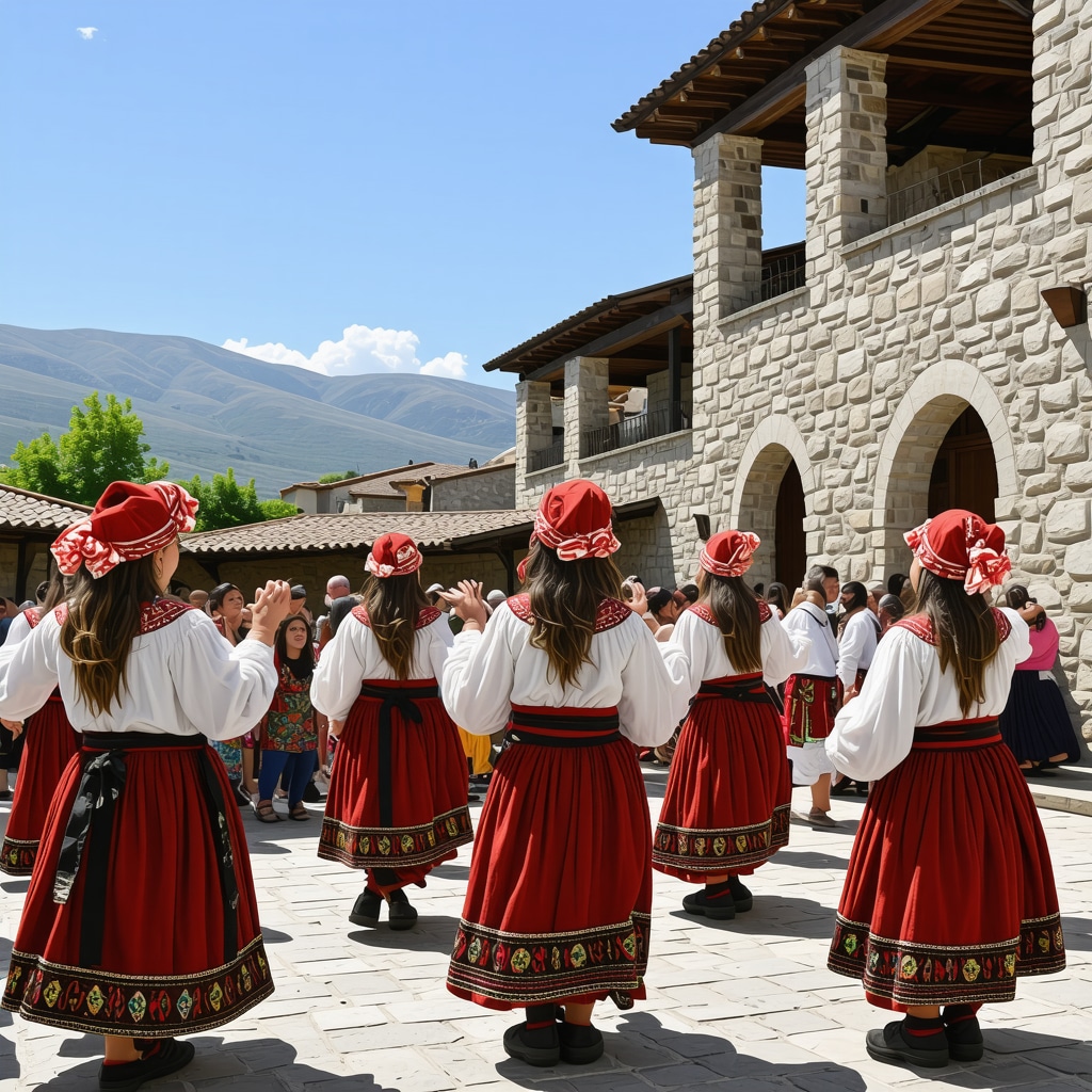 Ethnic groups in traditional costumes performing at a Gjirokastër festival with historic stone buildings in the background