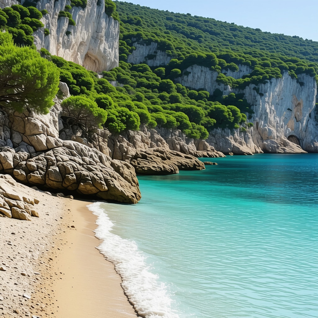 Secluded beach cove near Budva with turquoise water and pine trees under summer sun