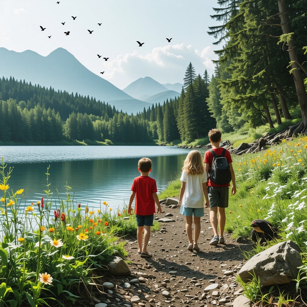 Family exploring a serene hidden forest beach with wildflowers and birds at Silver Lake