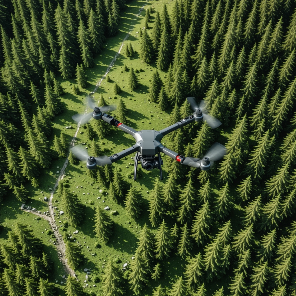 Drone with advanced sensors flying over forested mountains and hiking paths in Lovćen National Park