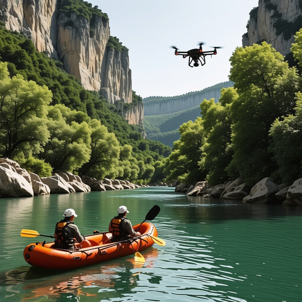 Drones and sensors monitoring environmental conditions over Cetina River canyon with tourists rafting