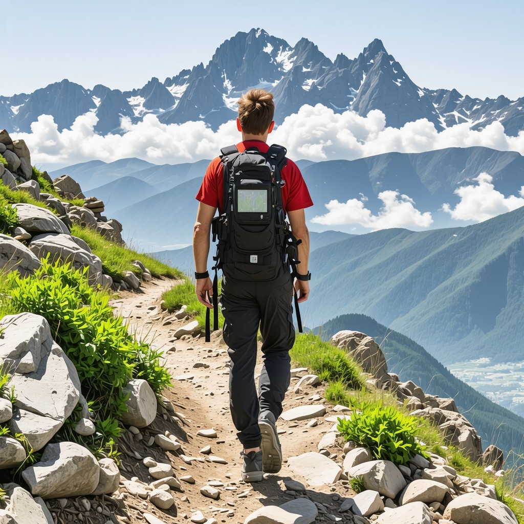 Experienced hiker navigating rugged mountain trail near Mount Olympus using GPS device