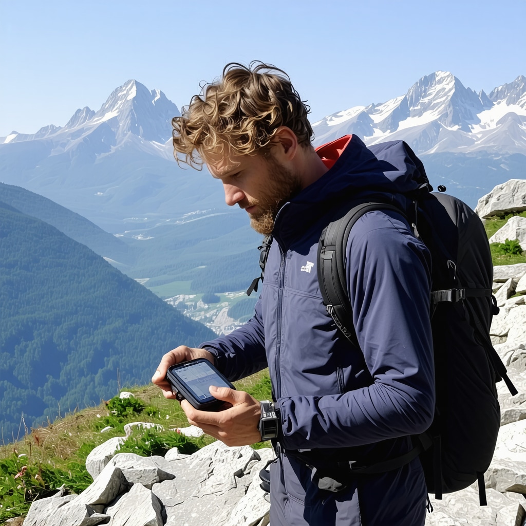 Hiker with GPS device in mountainous Rožaje landscape