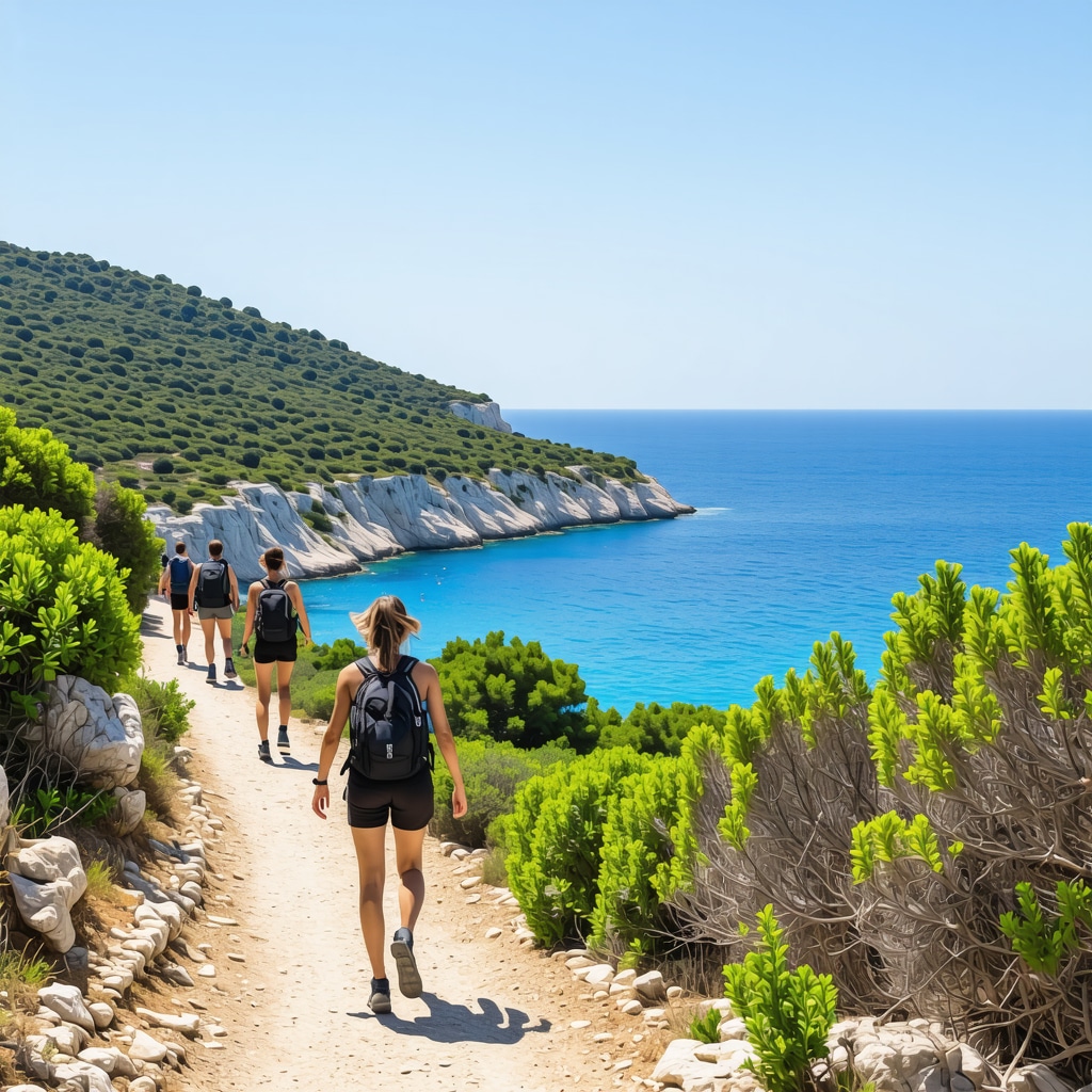 Hikers walking along a scenic coastal trail on Hvar island with views of the Adriatic Sea