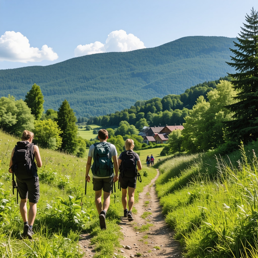 Hikers walking on marked mountain trails with traditional homes and natural flora visible in Sjenica