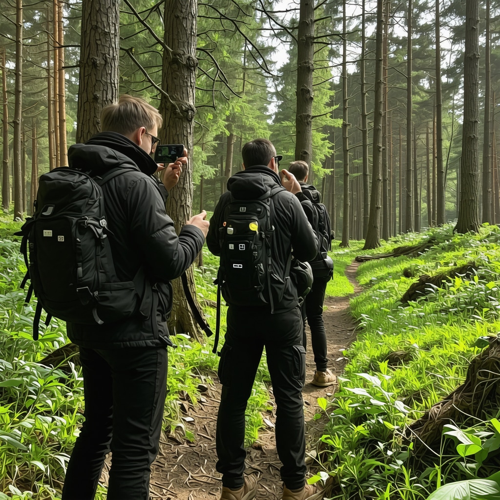 Advanced hikers on forest trail in Iasi using augmented reality devices displaying environmental and cultural data