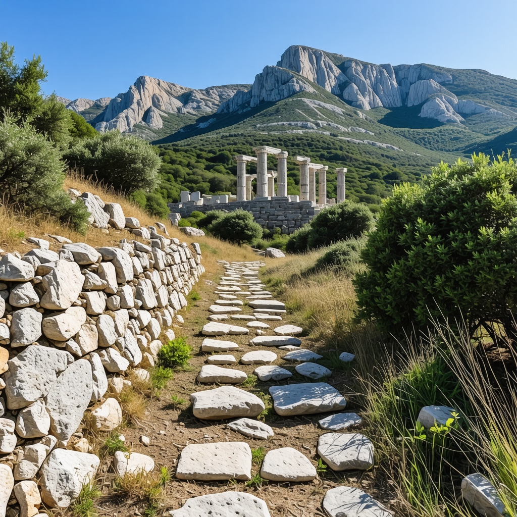 Scenic hiking path on Mount Parnassus showing ancient Greek ruins and lush nature
