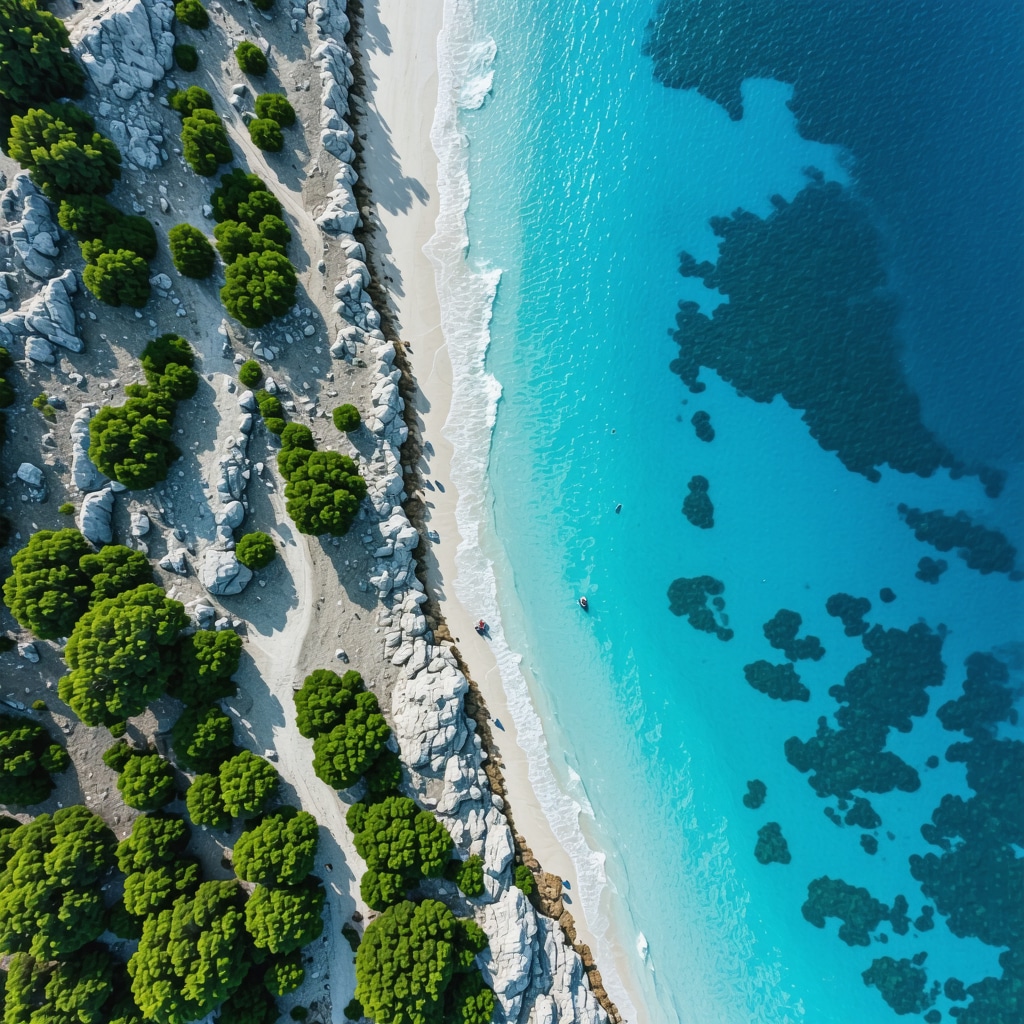 Aerial photo illustrating Himara's coastline with protected ecological zones and tourists participating in sustainable tourism