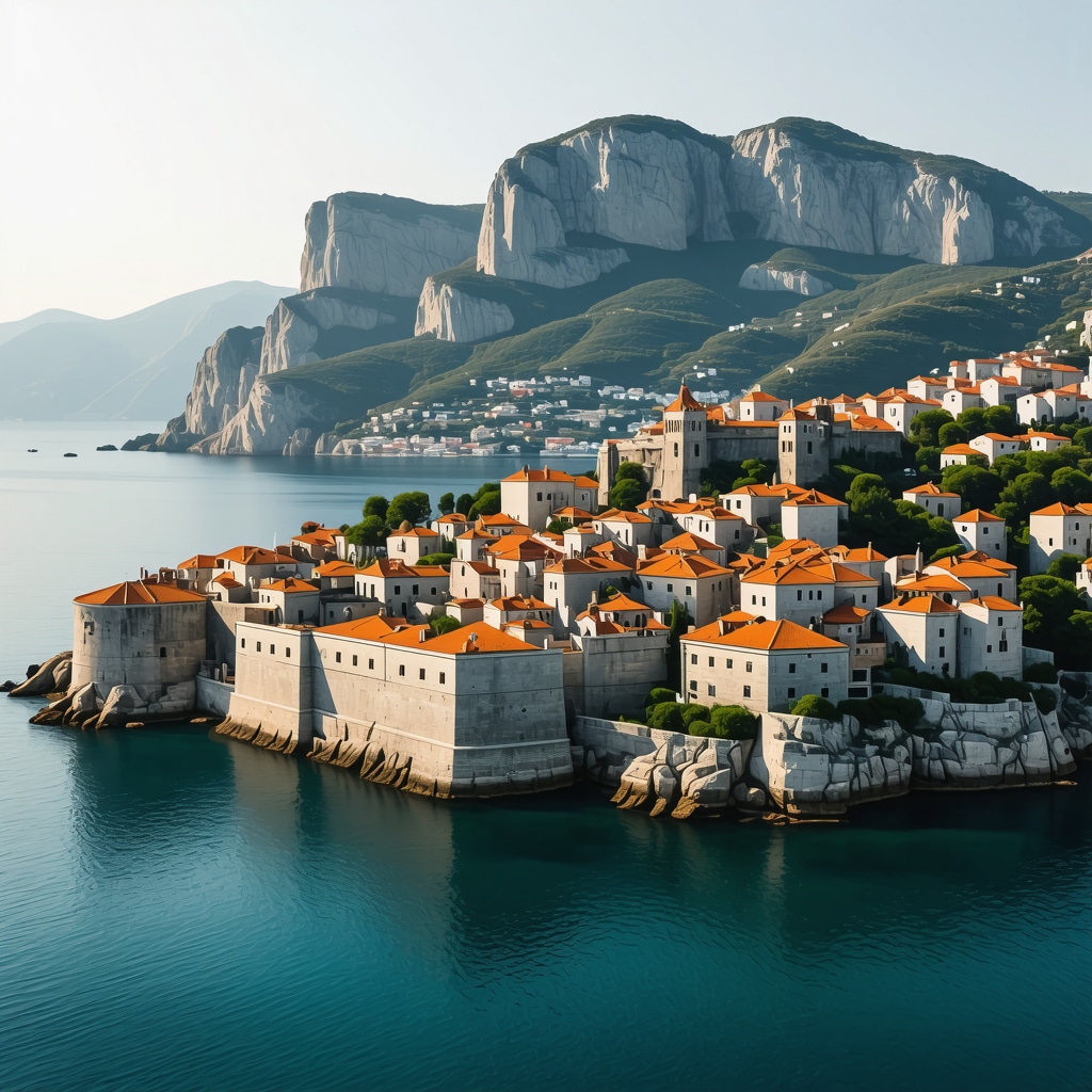 Panoramic view of Dubrovnik old town with virtual reality overlays representing cultural heritage and sustainable tourism