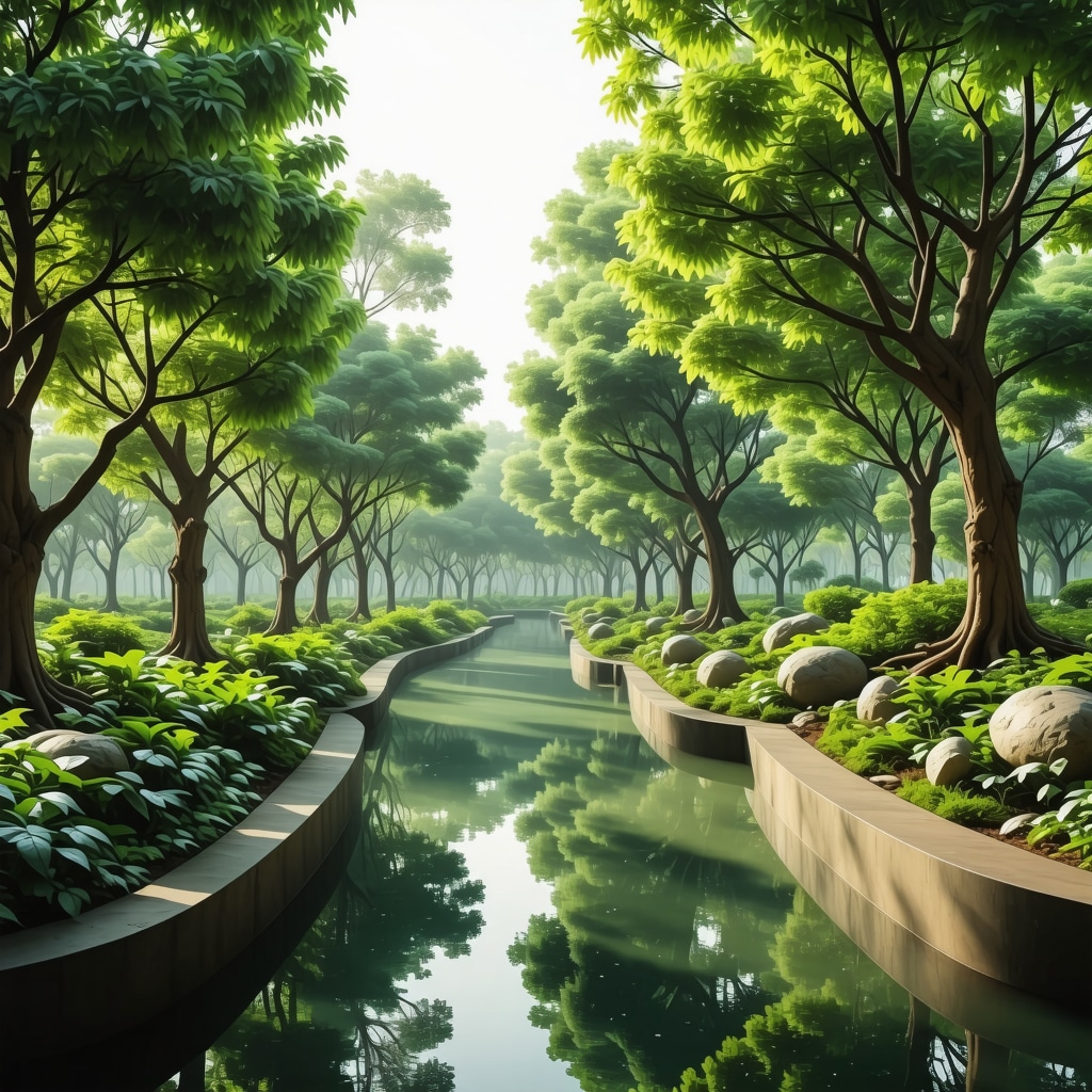 Urban park in Bucharest featuring digital sensors and ecological art installations amidst green spaces