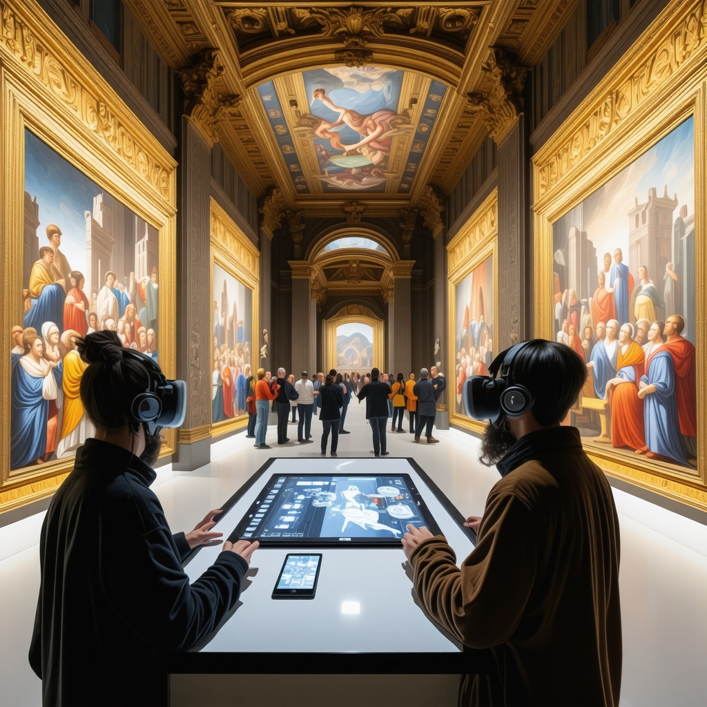 Visitors experiencing augmented reality overlays of medieval frescoes in a modern museum in Iași