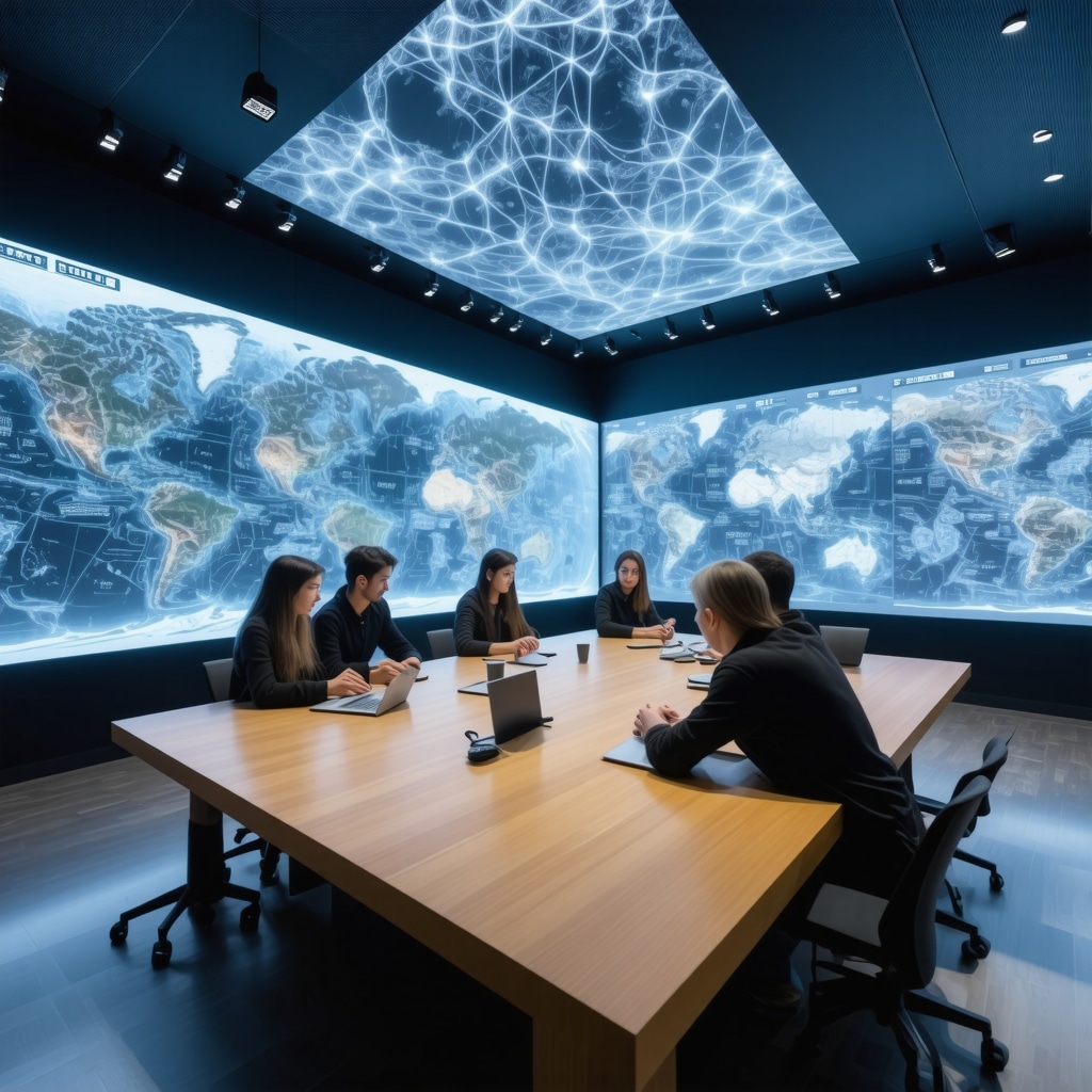 Researchers collaborating around digital ethnographic maps and AI data displays representing Gostivar's cultural diversity