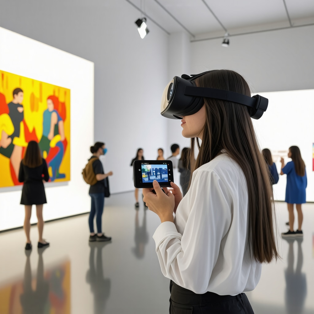 Visitors experiencing Romanian art through virtual reality in a modern Bucharest museum