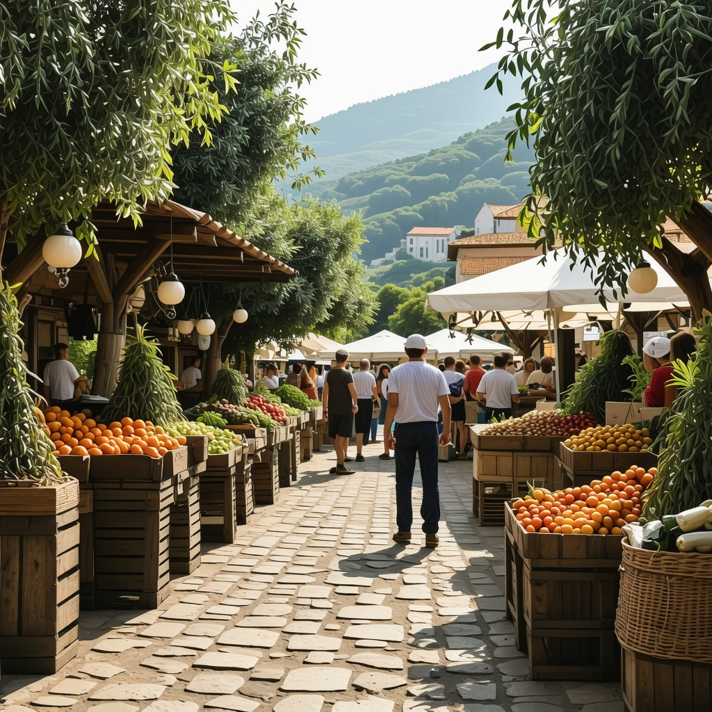 Local market scene in Koper with workshops on olive oil production and sustainable fishing