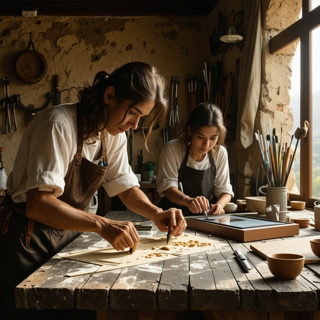 Artisans in Peć blending traditional craft techniques with modern digital tools in a collaborative workshop environment