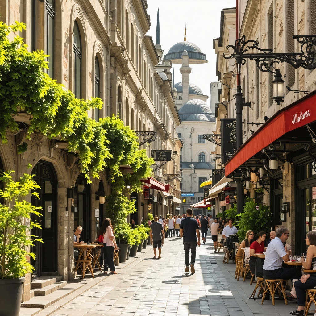Street in Istanbul with historic buildings and modern sustainable cafes in 2025
