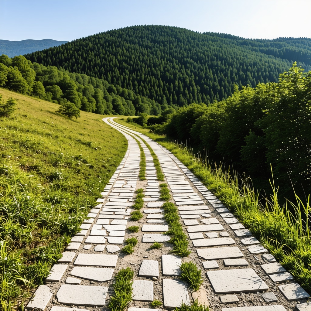 Panoramic view of Kruševo natural parks featuring hiking trails, smart technology, solar lighting, and eco-friendly transport amidst lush greenery