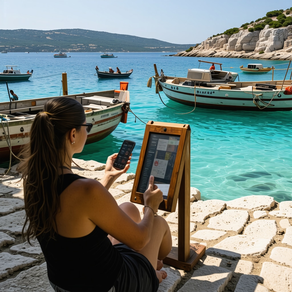 Ksamil coastline with traditional boats, tourists using digital guides, and protected marine areas demonstrating sustainable tourism