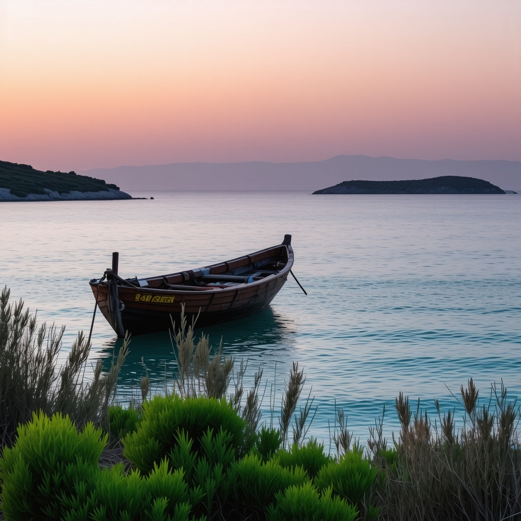 View of Ksamil's small islands with turquoise waters, traditional fishing boat, and lush coastal vegetation during sunset