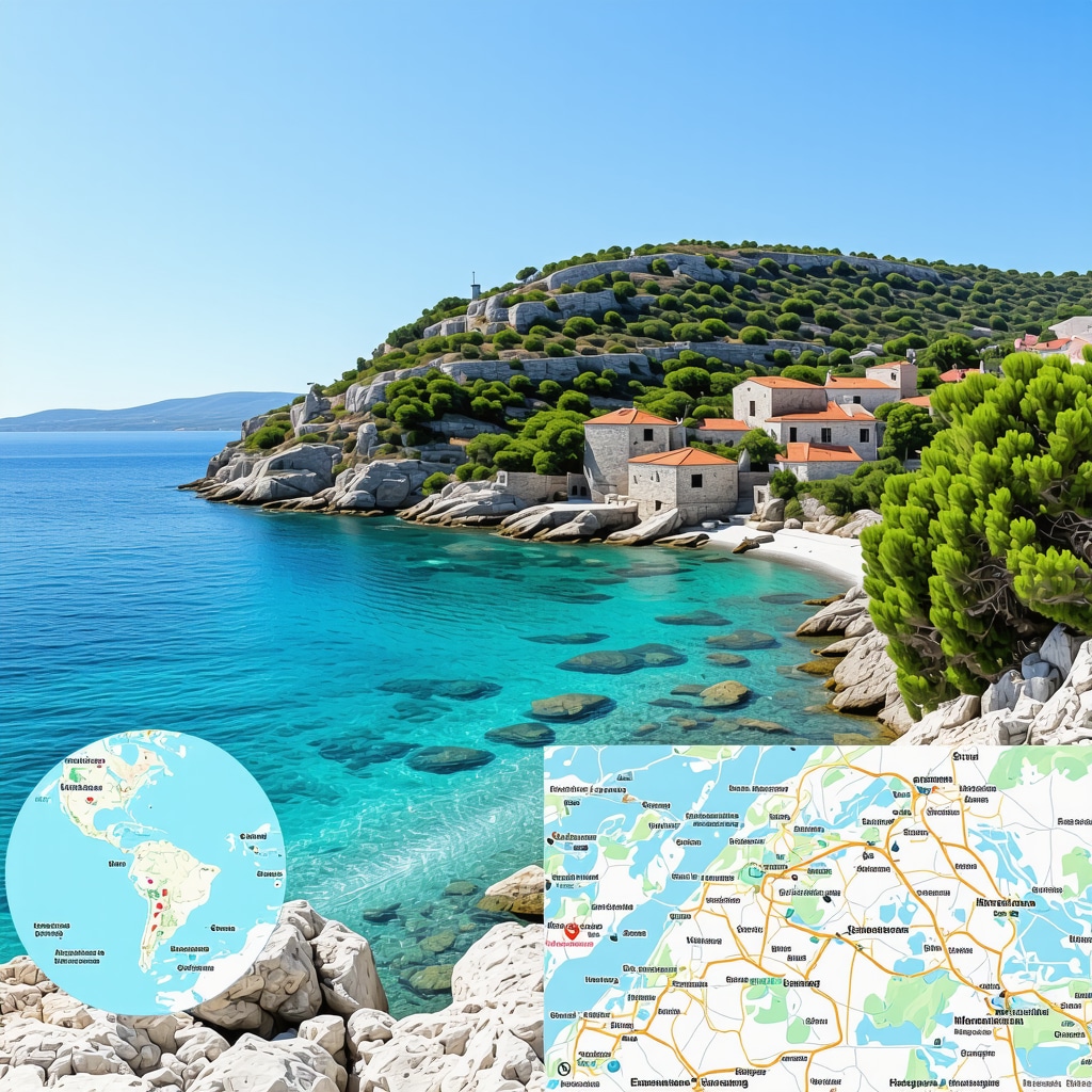 Coastal village on Lastovo island with traditional stone houses surrounded by Mediterranean flora and a digital map overlay representing biodiversity tracking