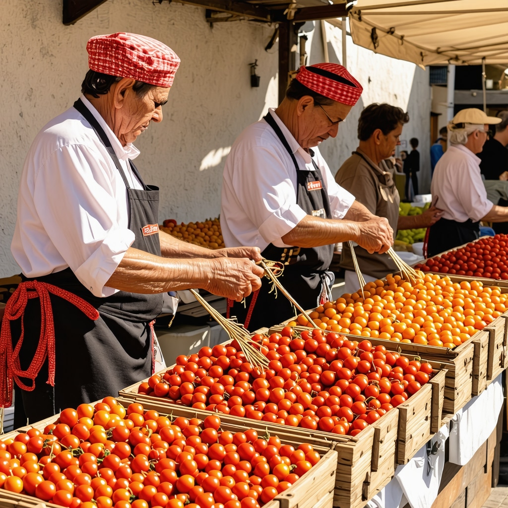Fresh local produce and traditional ajvar preparation at a vibrant market in Gevgelija