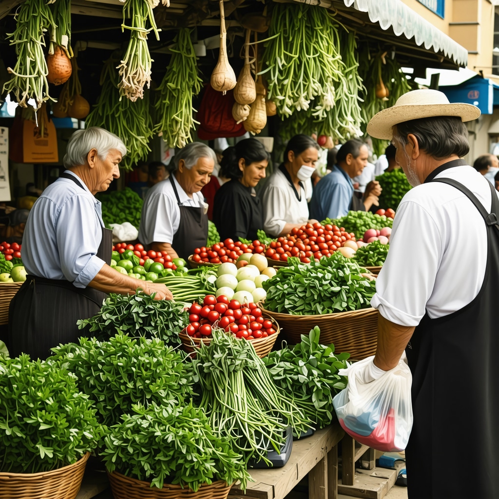 A vibrant local market in Prizren with fresh vegetables and herbs representing sustainable food sourcing