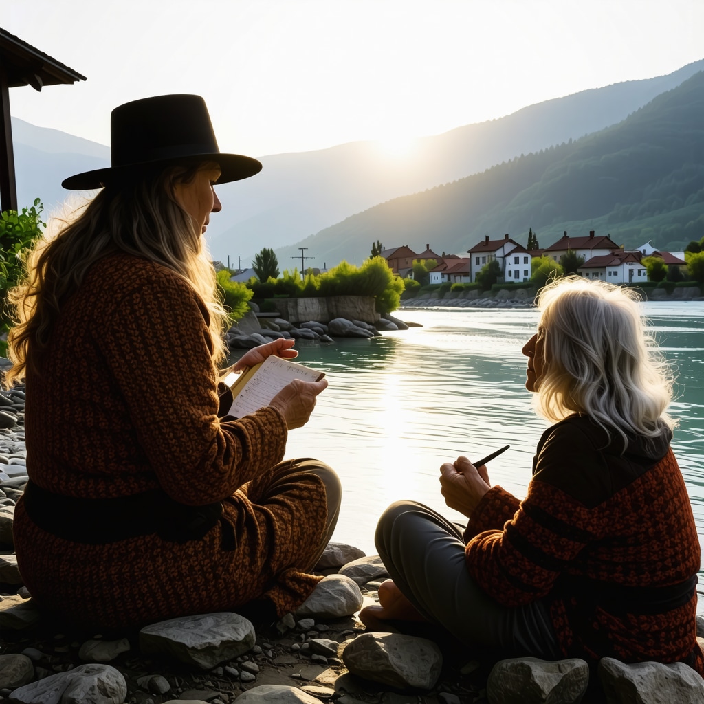 Mountain village in Foča with locals sharing stories by river at sunset