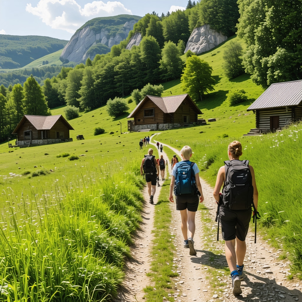 Panoramic view of Lovćen National Park with hikers on eco-friendly trails and traditional mountain huts
