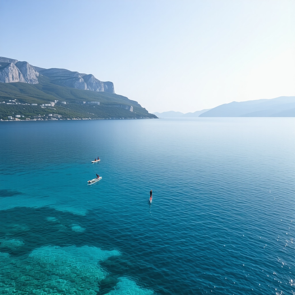 Panoramic view of Makarska coastline with electric boats and paddle surfers showcasing sustainable adventure sports