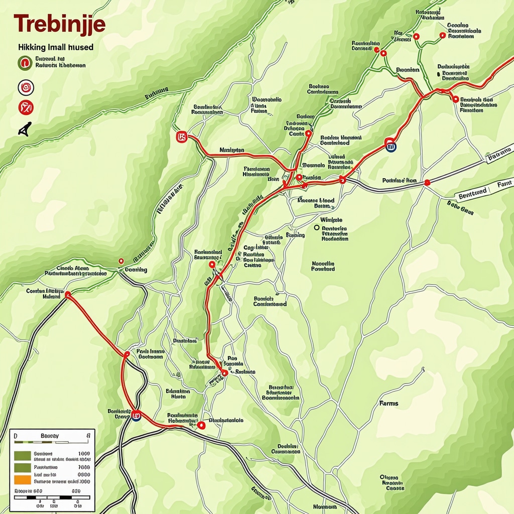 Detailed map illustrating hiking trails, ecological monitoring sites, local farms, and protected areas around Trebinje