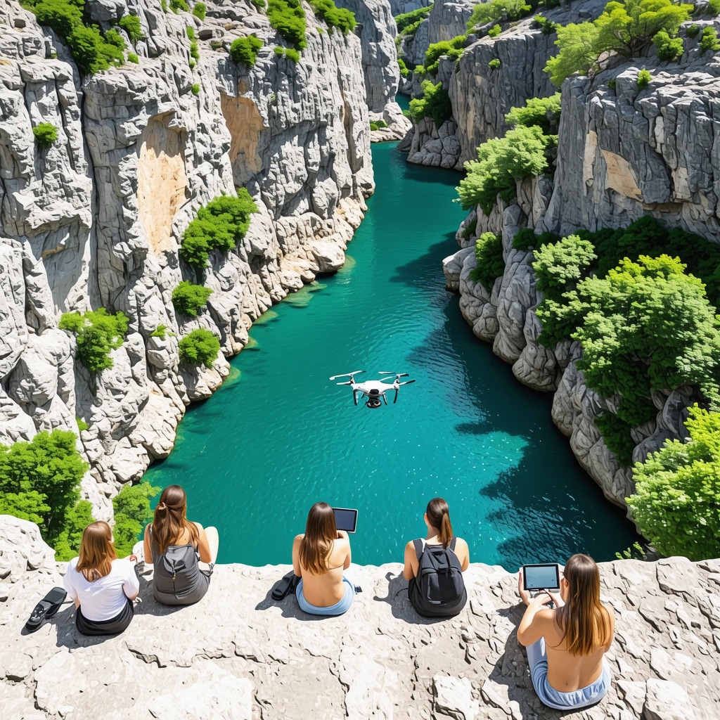 Panoramic view of Matka Canyon with lush biodiversity, crystal-clear water, drones monitoring the environment, and tourists using digital devices for guided eco-tours.