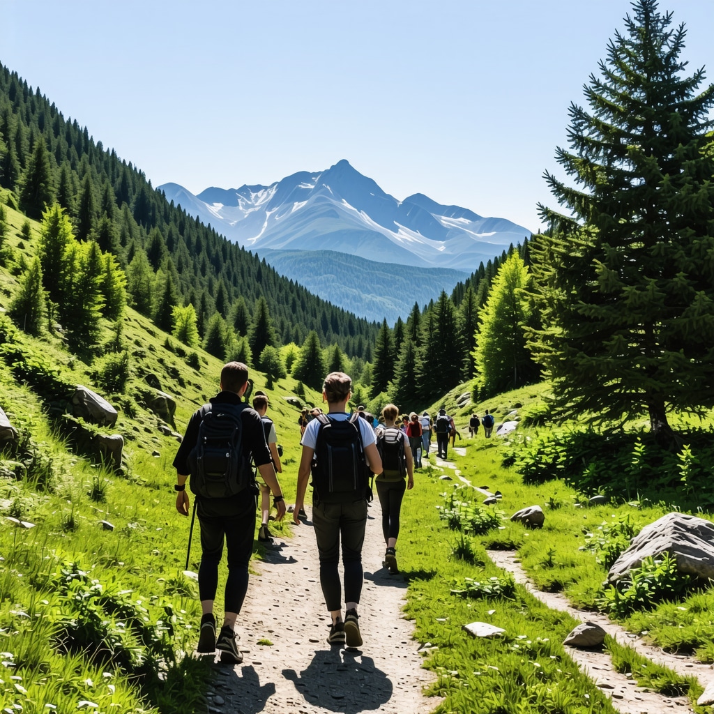 Hikers meditating on a peaceful forest trail with mountain views near Rila Monastery