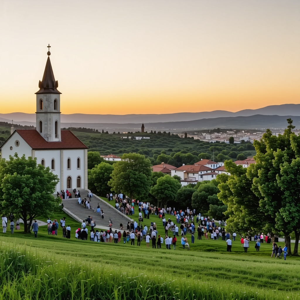 Panoramic view of Medžugorje with traditional churches, pilgrims, community activities, and symbolic digital elements at sunset