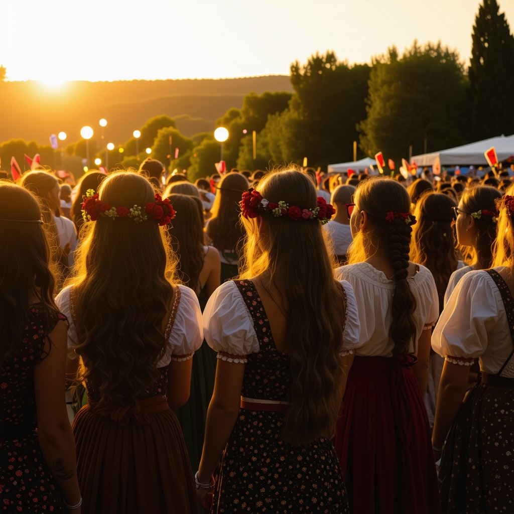 Crowd enjoying Medžugorje summer festival with traditional Balkan costumes and digital art installations at sunset